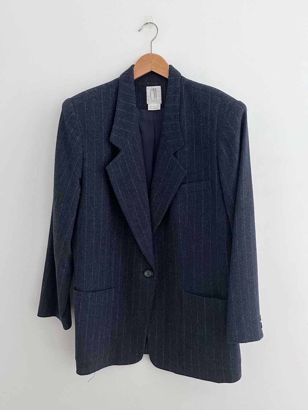 Vintage 90s Navy Pinstripe Wool Blazer Size 12 Oversized Menswear Dark Academia